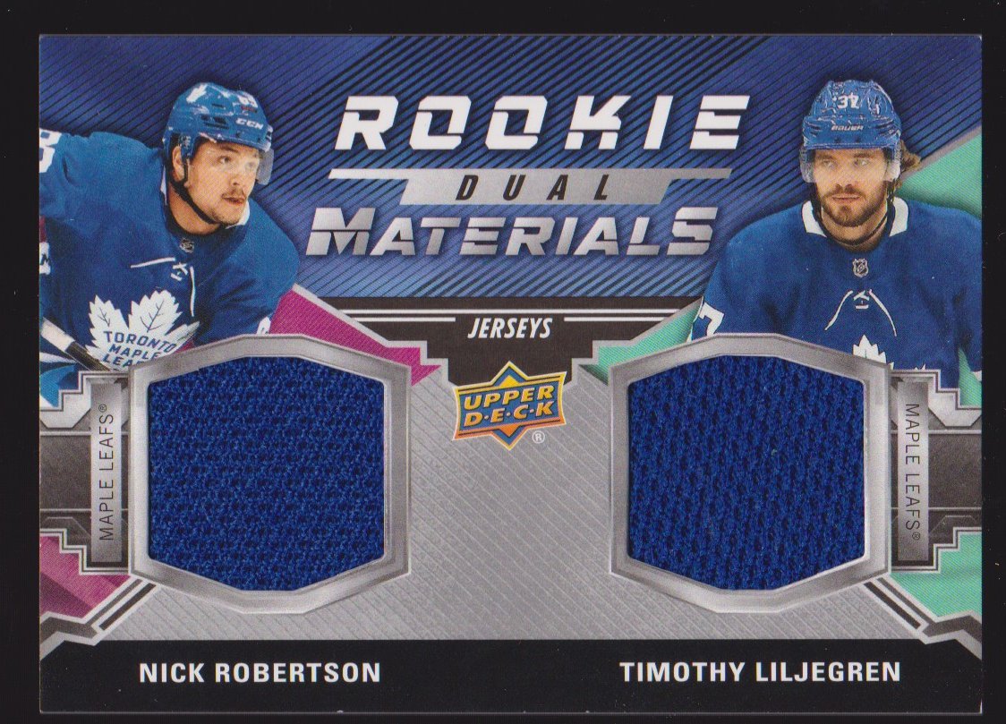 2020-21 UD Rookie Dual Materials #RDMRL Nick Robertson/Liljegren (image for) 2020-21 UD Rookie Dual Materials #RDMRL Nick Robertson/Liljegren